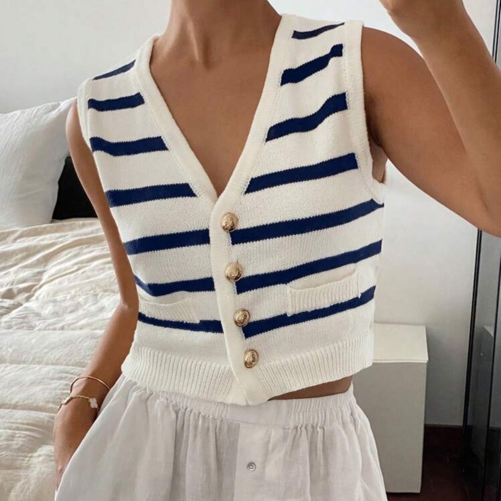 Women's Striped Single-Breasted Casual Knit Vest
